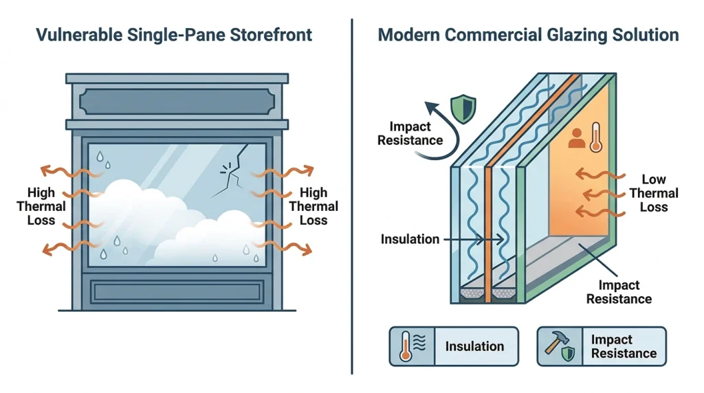 Commercial Glazing: Why Single-Pane Storefronts Fail Twice