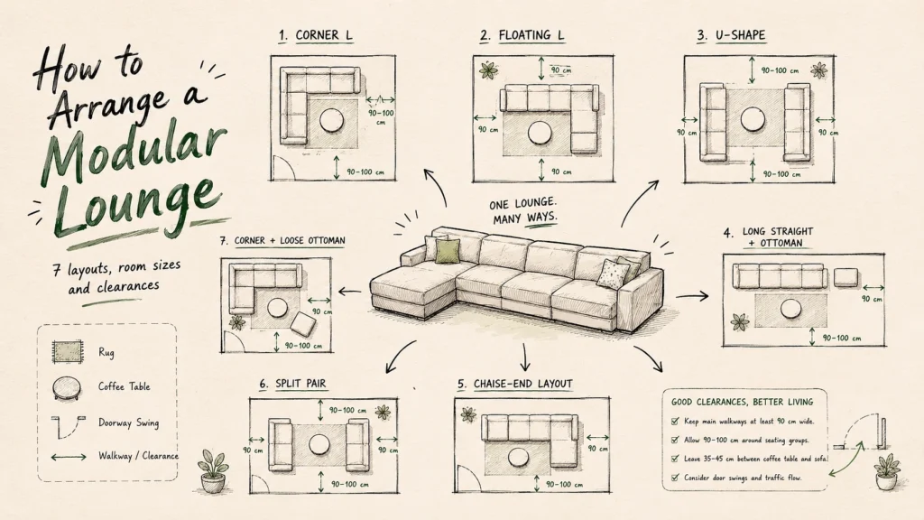 7 Modular Lounge Layouts, With Room Sizes and Clearances